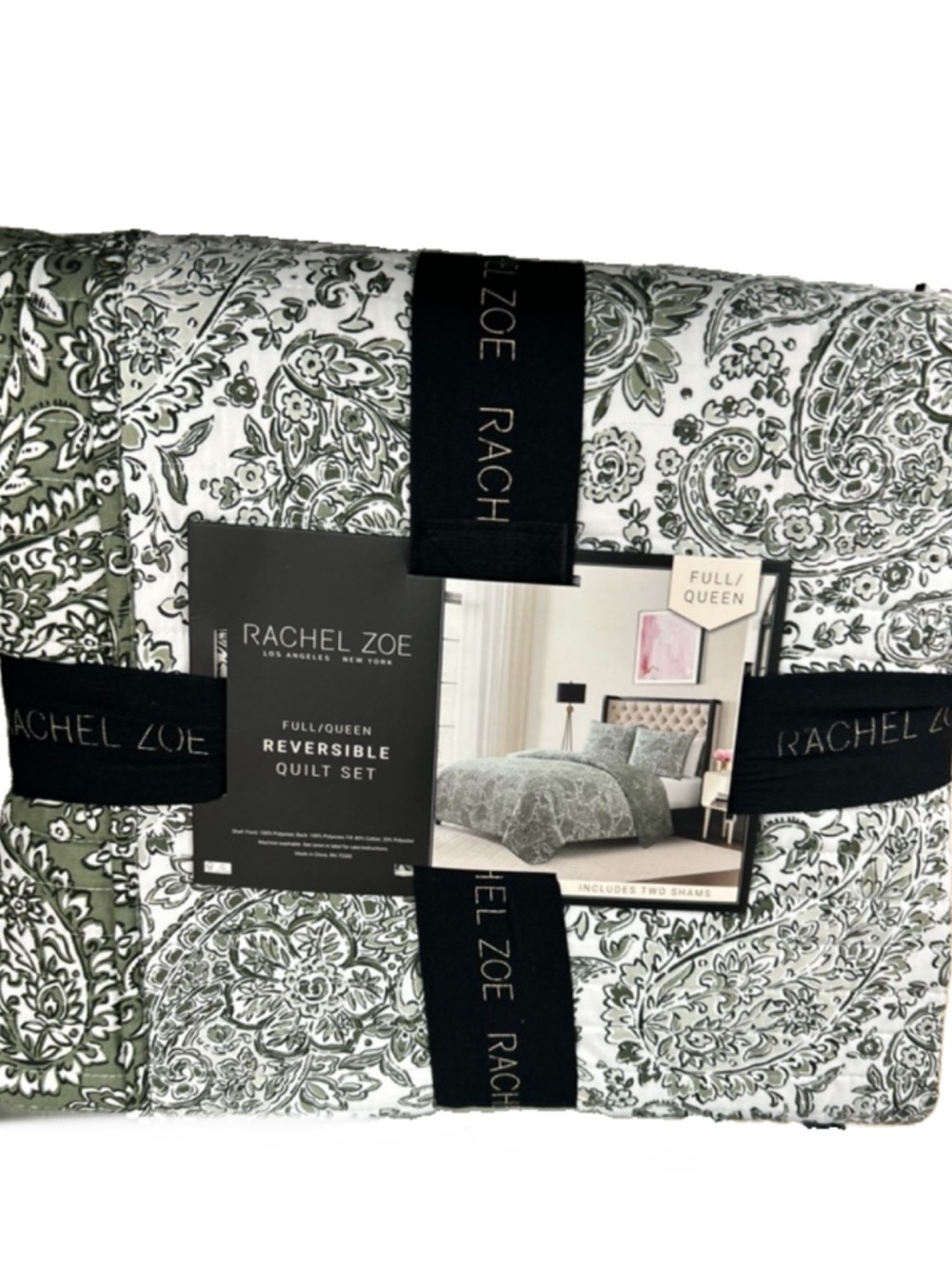 Rachel Zoe Green and White Floral Full/Queen Reversible Quilt Set 88”x92”